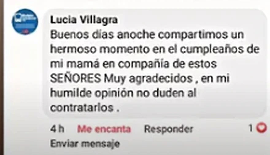 Captura de un comentario de Facebook de Lucía V.: compartieron un hermoso momento en el cumpleaños de su mamá y recomienda contratarlos.