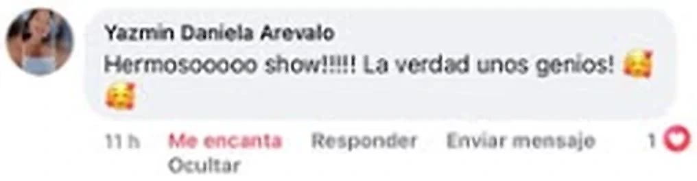 Captura de un comentario de Facebook de Yazmin A.: hermoso show, la verdad unos genios.